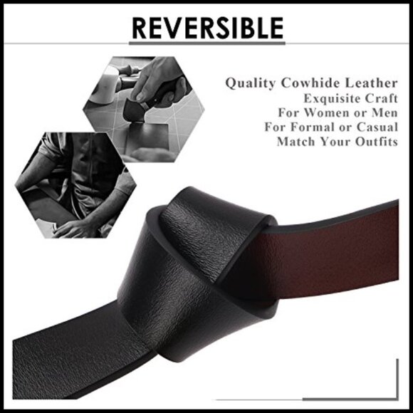 Reversible Leather Belt with Rotated Metal Buckle, Adjustable Women\'s Fashion